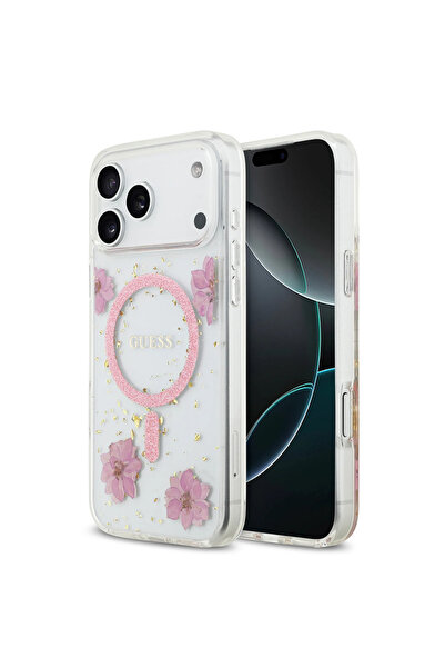 Guess Θήκη Resin Flowers Glitter Magsafe Clear Pink iPhone 17 Pro