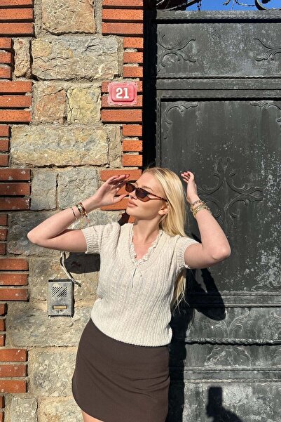 lizge giyim V-Neck Lace Detail Tricot Sweater