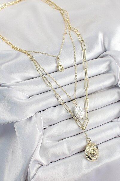 cleovibe Brass Multi-Chain Pearl Sea Shell Model Gold Color Necklace Velour