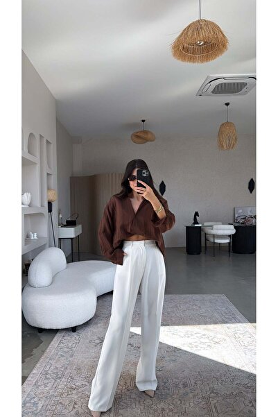 Buket Teke Λευκό υφασμάτινο παντελόνι Tok Fabric Premium με φαρδιά μπατζάκια