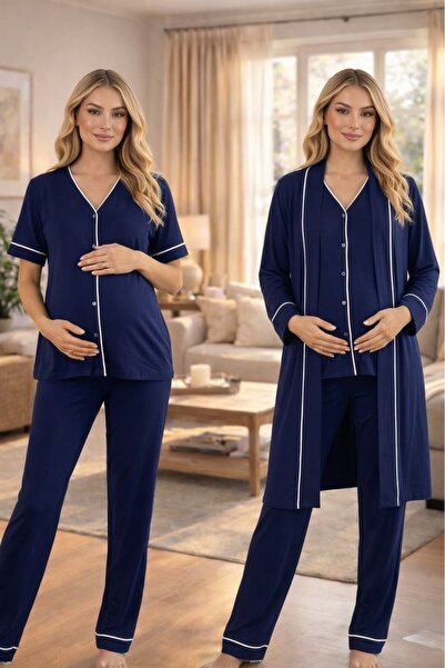 Lohusa Homewear New Season Navy Blue Maternity Short Sleeve Button-Down Desig...