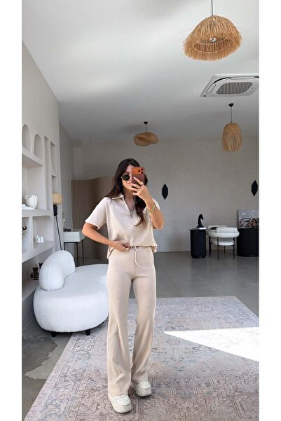 Buket Teke Set de bază cu mânecă scurtă, cu fermoar, în bej