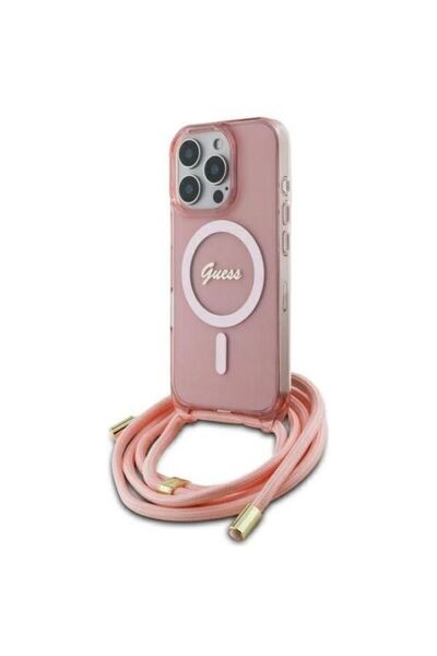 Guess Θήκη Crossbody Cord Script Clear Pink Magsafe iPhone 16 Pro Max
