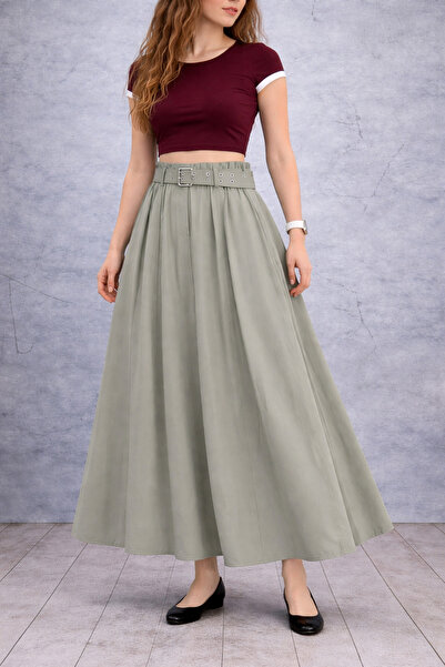 İkoll High Waist Bird-Eye Patterned Long Skirt, Belt Piece Set
