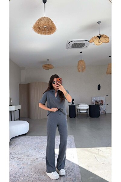 Buket Teke Set antracit cu material reiat fermoare și mânecă scurtă basic