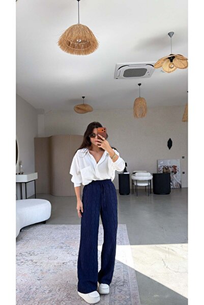 Buket Teke Pantaloni elastici din țesătură plisată bleumarin