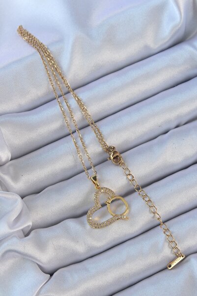 cleovibe Aria 316L Steel Chain Gold Color Heart Necklace with Zircon Stone Ring
