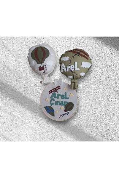 Kişiye Özel İsimli Punch Nakışlı Bebek Kapı Süsü Seti – Balon & Uçak Temalı Duvar Dekoru (3’lü Set)