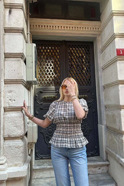 lizge giyim Plaid Desen Waist Elasticized Bluz