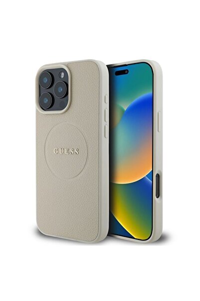 Guess Θήκη PU Leather Grained Ring Magsafe Beige iPhone 16 Pro Max