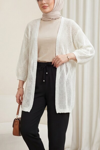 Modamorfo Diamond Patterned Lace-Like Knit Knitwear Cardigan -White