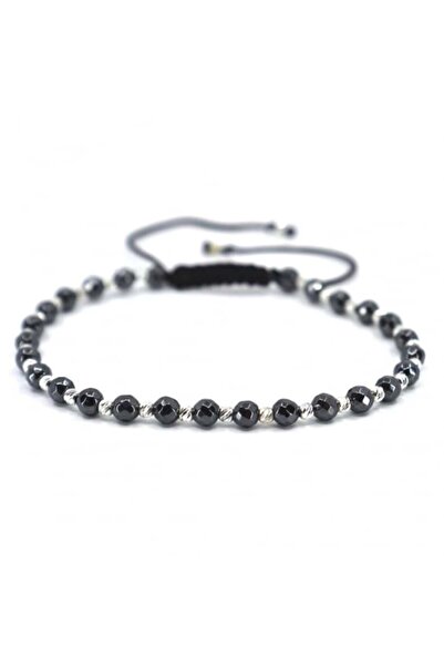Onixbox Bracelet with Silver Beads and Faceted Gray Hematite, Adjustable Cord