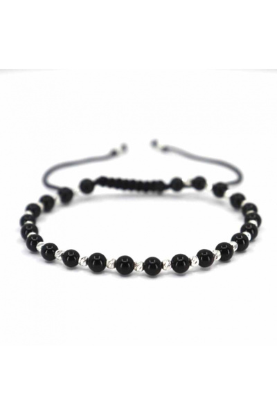 Onixbox Bracelet with Silver Beads 925, Onyx Stones, Adjustable Cord