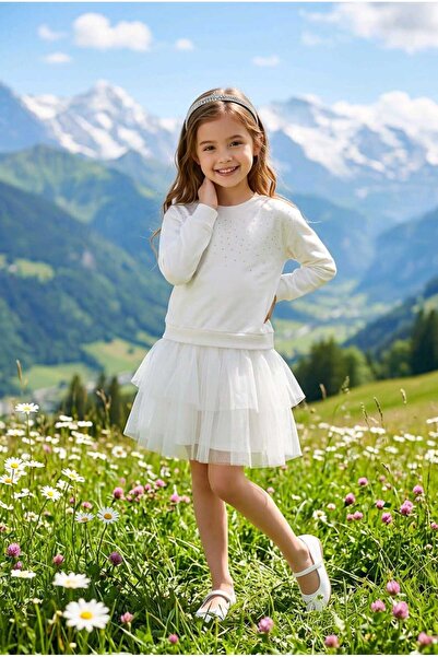 LCW STEPS فستان توتو للفتيات من LCW Kids بلون إكرو وياقة دائرية مزينة بالأحجار