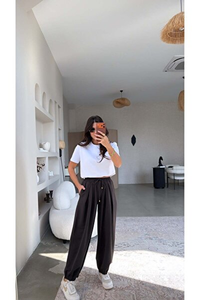 Buket Teke Dark Brown Polyviscon Elastic Cuffed Trousers
