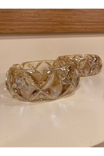 PLUS HOME Ashtray 2-Piece Cut Crystal Glass Honey Color Look Diamond Pattern ...