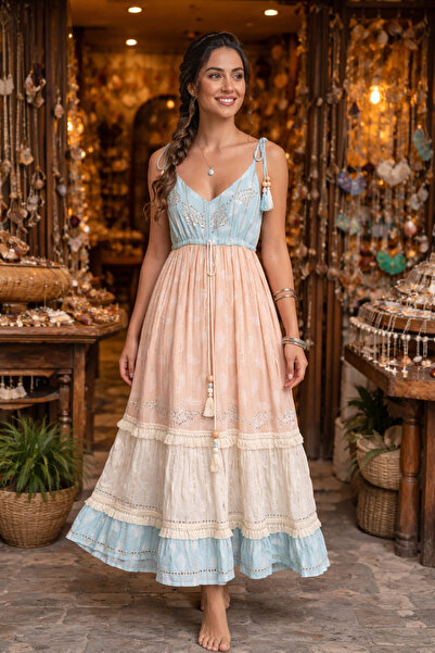 elite aura collectıon Bohem Esintili %100 Pamuk Askılı Etnik Desen Maxi Elbise