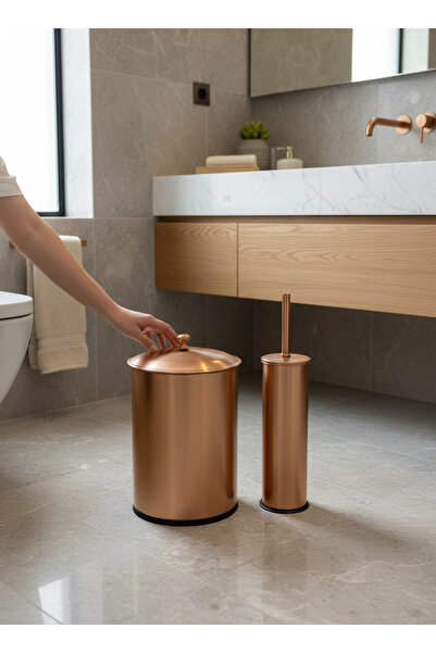 İSAOĞLU YAPI Matte Copper Toilet Brush and Retro Bucket Set Stainless Steel V...