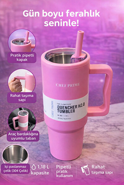 MİMOZA PARK Kulplu Çelik Tumbler Termos 1.2 L Pipetli Büyük Boy Araç Bardaklı...