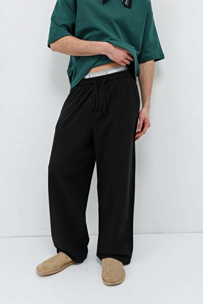 VAMOSCLO Super Baggy Fit Keten Pantolon Siyah