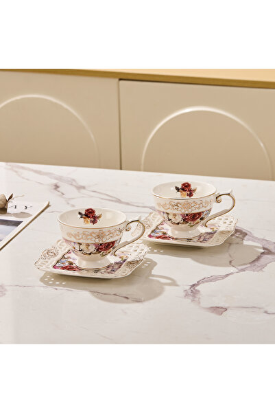 Malooki Set of 2 coffee cups with 2 porcelain saucers 200 ml - elegant floral...