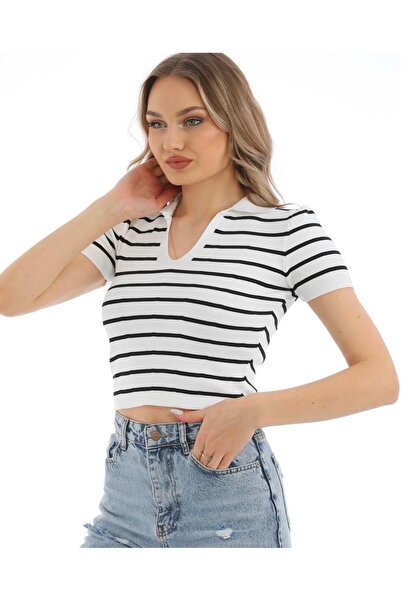 Polo Yaka Kısa Kol Çizgili Crop