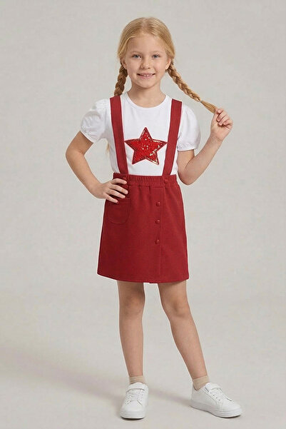 nacar çarşı Tricou cu stea roșie pentru fete, set salopetă roșie, ținută de s...