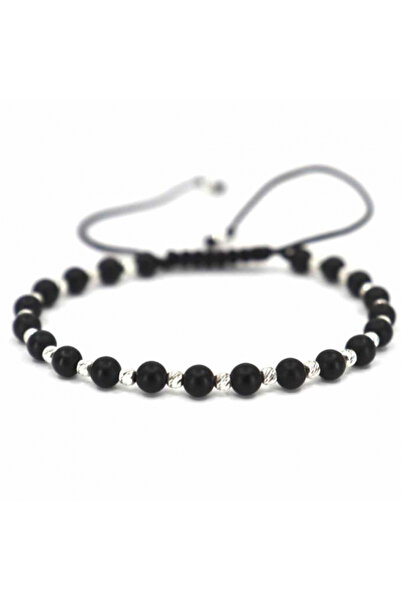 Onixbox Bracelet with Silver Beads 925, Onyx Stones and Adjustable Cord