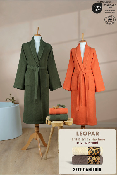 Ellaline 4-Piece Striped Şalyaka Bathrobe Set 100% Cotton Certified + Leopar ...