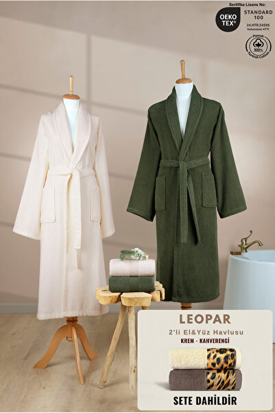 Ellaline 4-Piece Striped Şalyaka Bathrobe Set 100% Cotton Certified + Leopar ...