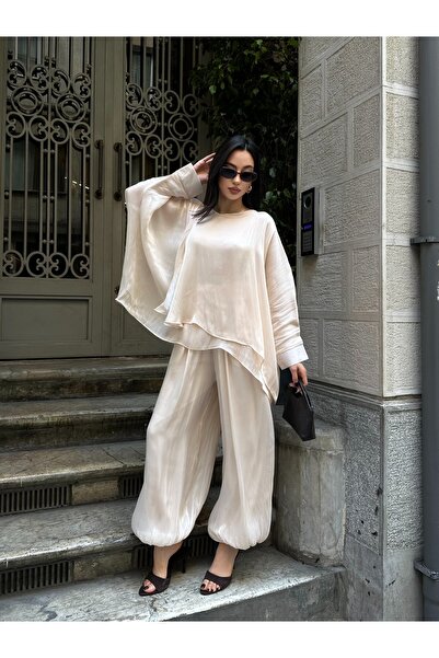 D'RECCY Batwing Sleeve Cuffed Layered Blouse Shalwar Trousers Set