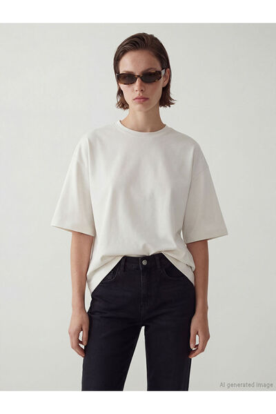 LC Waikiki Beige crew neck Oversized women's t-shirt