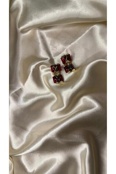 BUSİELLE JEWELRY Gold X Detail Red Stone Dangle Earrings
