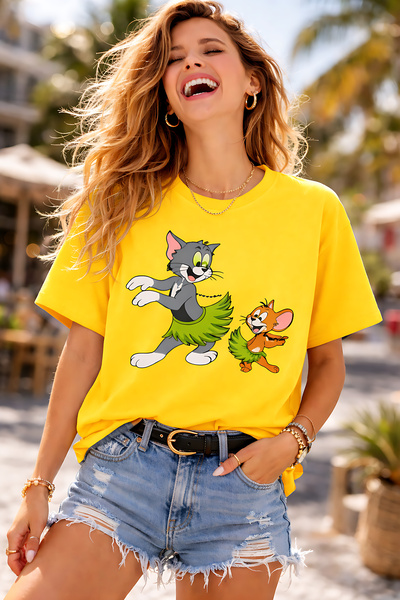 ArtYus Cat and Mouse Character Printed Unisex Oversized T-Shirt – Pack of Cot...