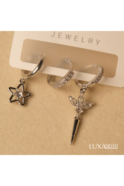 luxa silver jewellery 3’lü Set Zirkon Taşlı Silver Yüksek Çelik Küpe/Kararmaz...