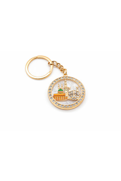 EFEAKS Kaaba & Prophet's Mosque Round Design with Stones Keychain Gold White
