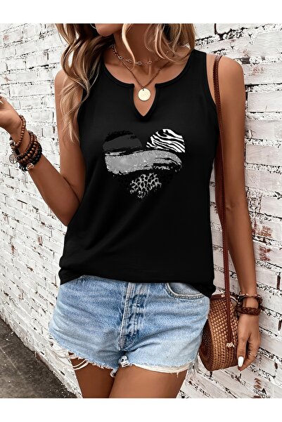 mercoledi Women's Heart Printed Half V-Neck Sleeveless Regular Fit Casual T-S...
