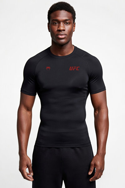 Flex Premium UFC Kırmızı Logo Siyah Kısa Kol Compression Erkek T-Shirt Spor G...