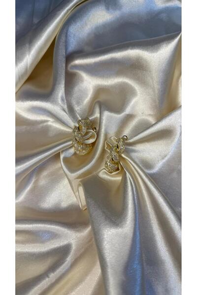 BUSİELLE JEWELRY Gold Braided Hoop Earrings with Zircon Stone