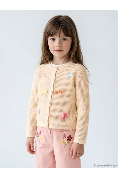 LC Waikiki Ecru Girls' Bow Embroidered Knitwear Cardigan