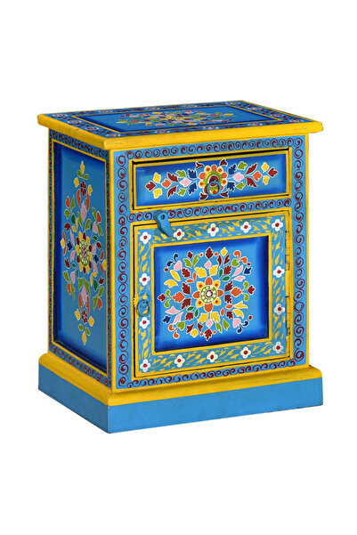 Concept Noptieră din lemn masiv de mango, turcoaz, pictată manual