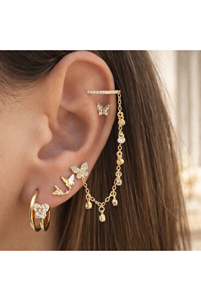 POEM JEWELLERY 18 Ayar Altın Kaplama Zirkon Taşlı Kelebek Figürlü Çelik Kadın...
