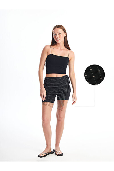 LC Waikiki فستان نسائي أسود لامع بتفاصيل شبكية من الأحجار