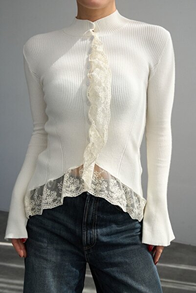 LOKADI Women's Anthracite Asymmetrical Lace Detailed Corded Fabric Knitwear T...