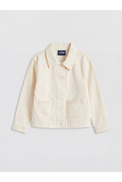 LC Waikiki Εκρού Δαντελένιο Λεπτομερές Κοριτσίστικο Μπουφάν με Γιακά