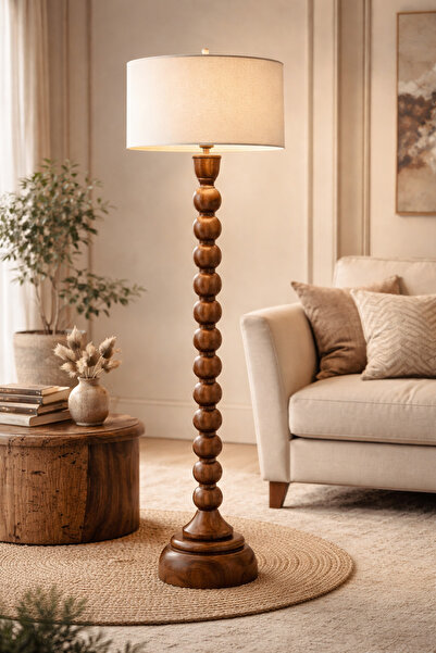 Vinner Masif Ahşap Küre Form Lambader – Ceviz Renk, Krem Başlıklı Modern Salo...