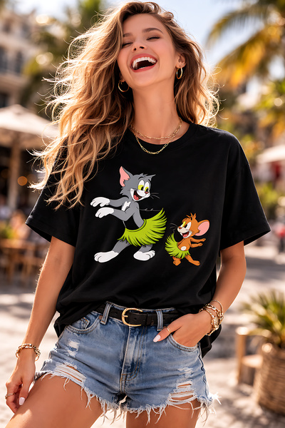 ArtYus Cat and Mouse Character Printed Unisex Oversized T-Shirt – Pack of Cot...