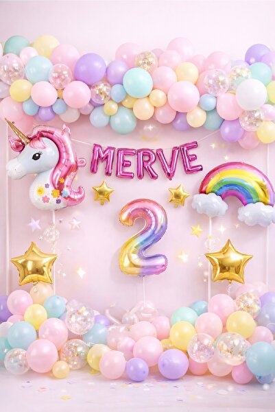 BKMC PARTY 5 Harfli Kişiye Özel Unicorn Doğum Günü Süsü Pastel Balon Zinciri ...