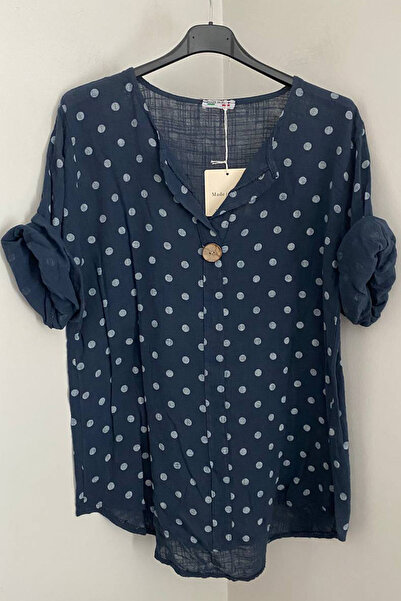 AYASOFYA OTANTIK Women's Italian Navy Blue Polka Dot Patterned Button Detaile...