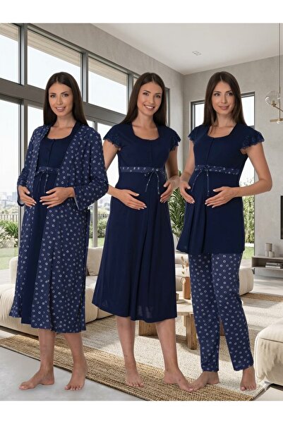 Lohusa Homewear New Season Maternity Navy Blue Summer Design Patterned Short ...